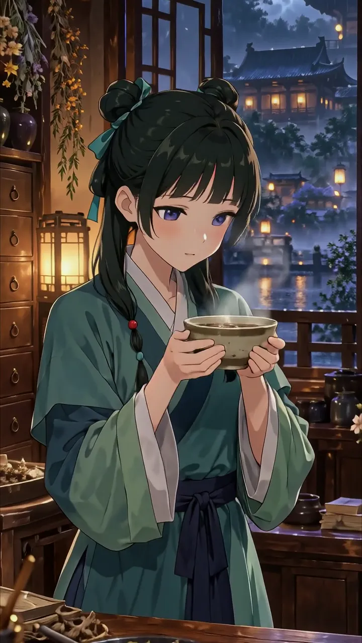Anime Girl In Traditional Chinese Attire Holding Steaming Bowl
