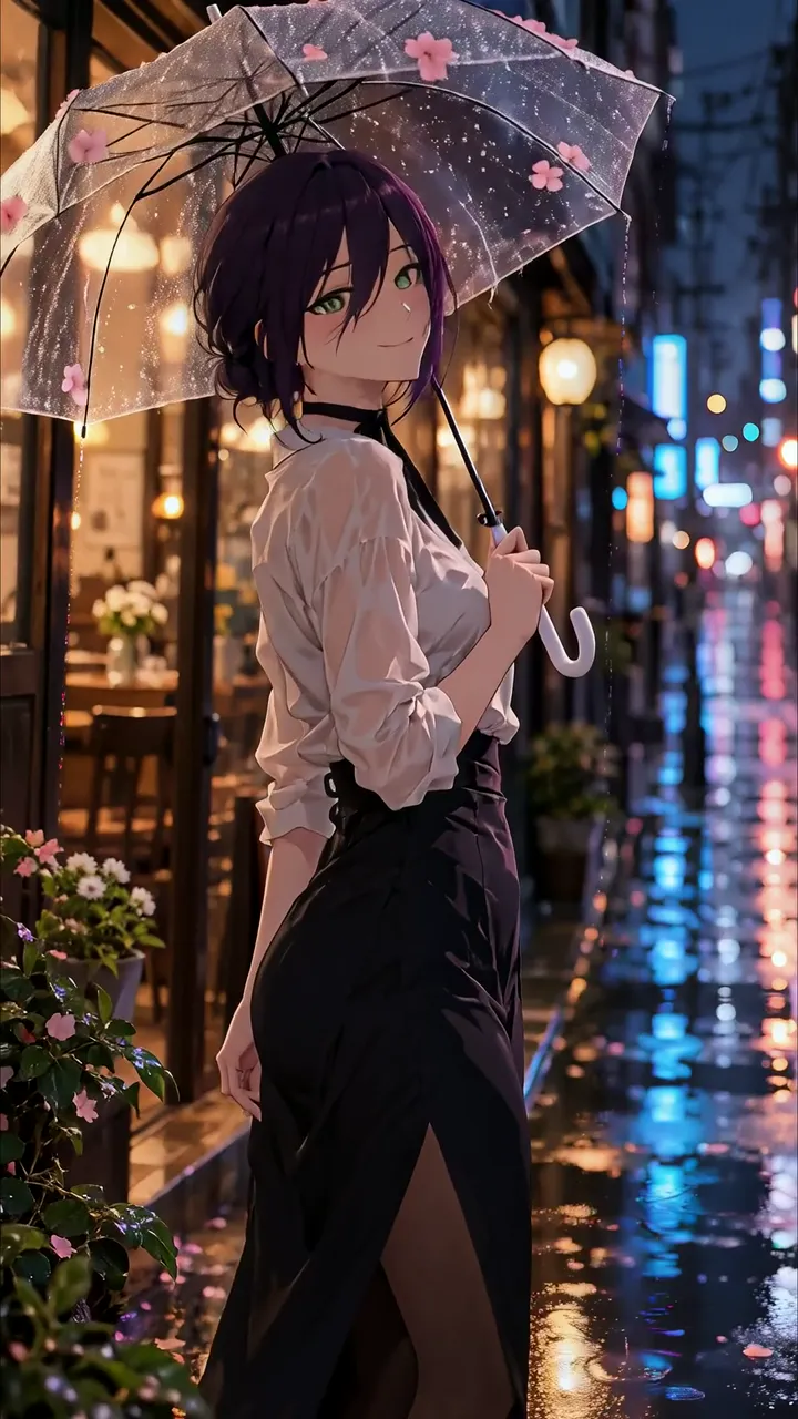 Anime Girl With Cherry Blossom Umbrella On Rainy Night Street