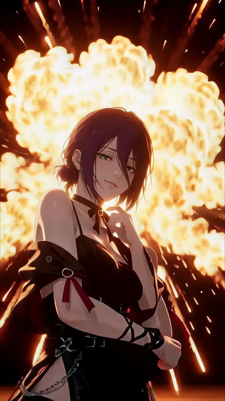 Anime Girl With Green Eyes Amidst Fiery Explosion