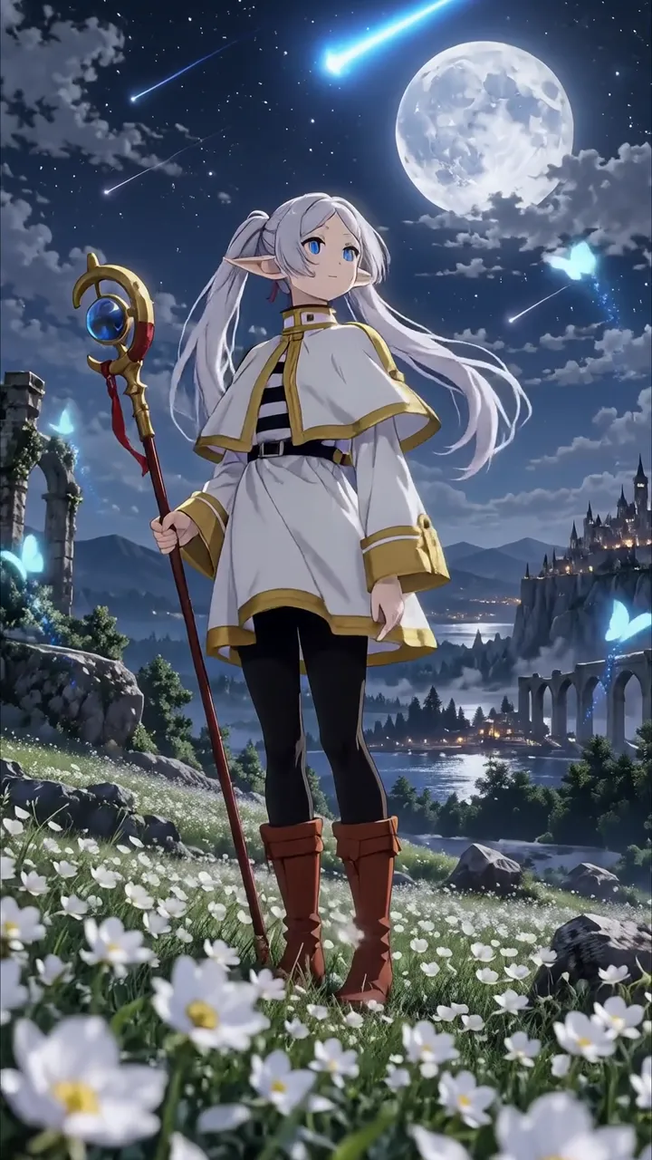 Anime Girl With Staff Standing In Moonlit Field With Castle