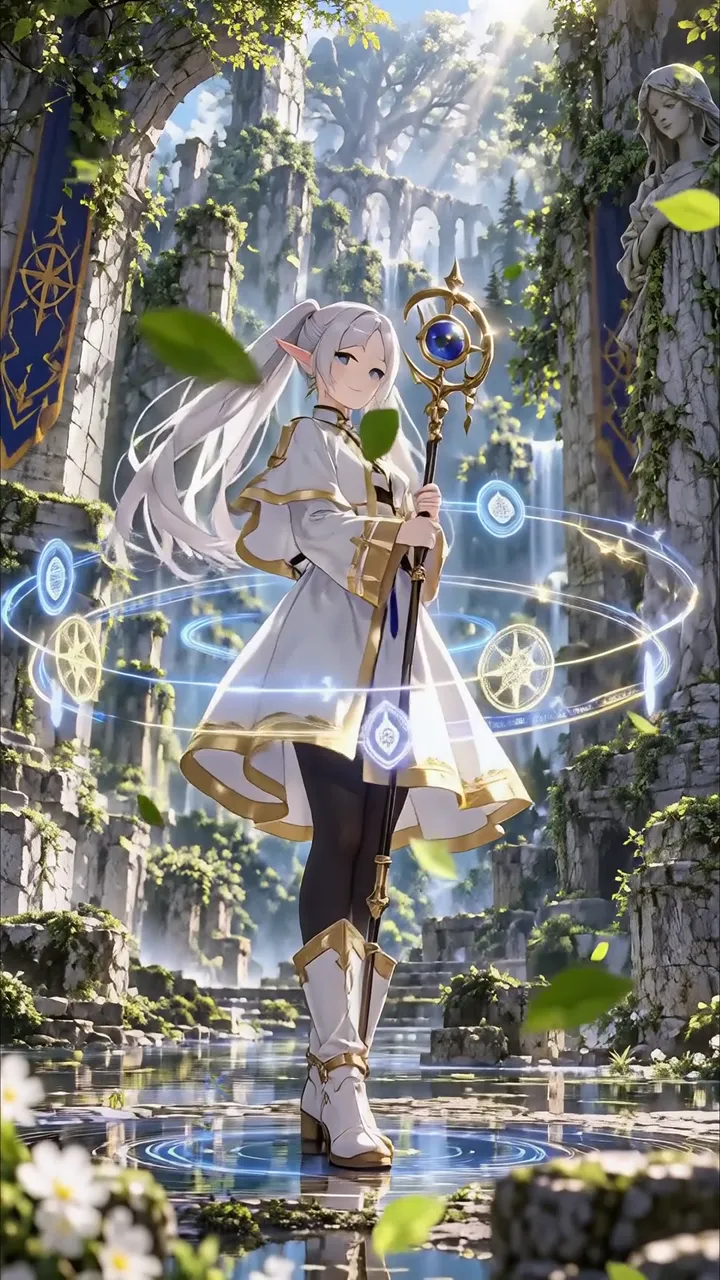 Anime Elf Mage With Blue Staff And Glowing Magic Circles