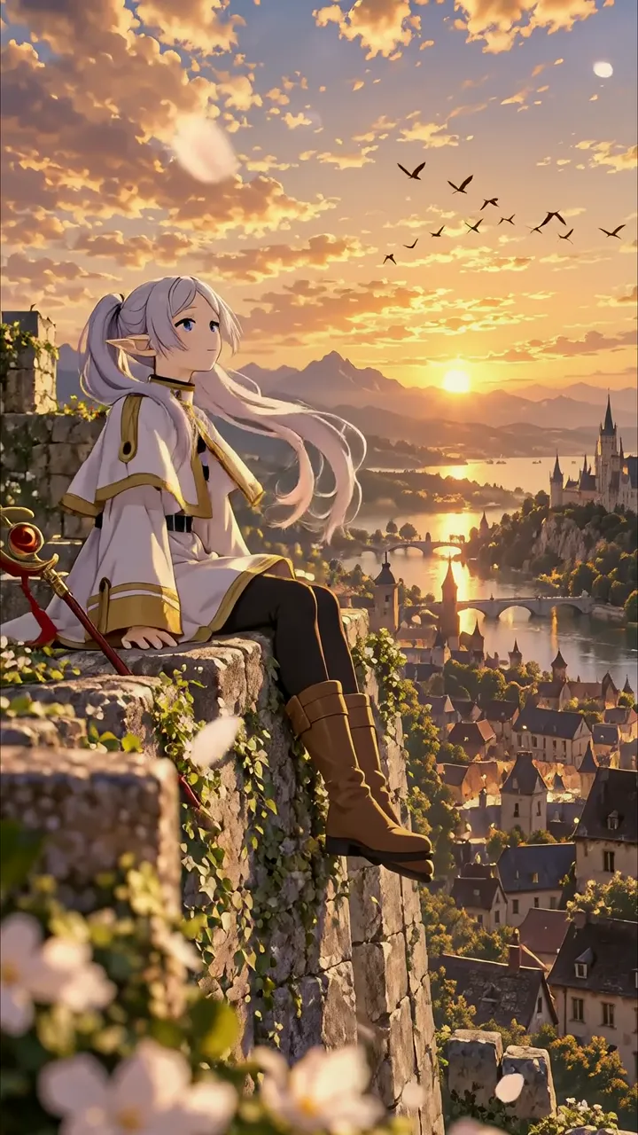 Anime Girl With Silver Hair Sitting On Castle Wall Sunset View