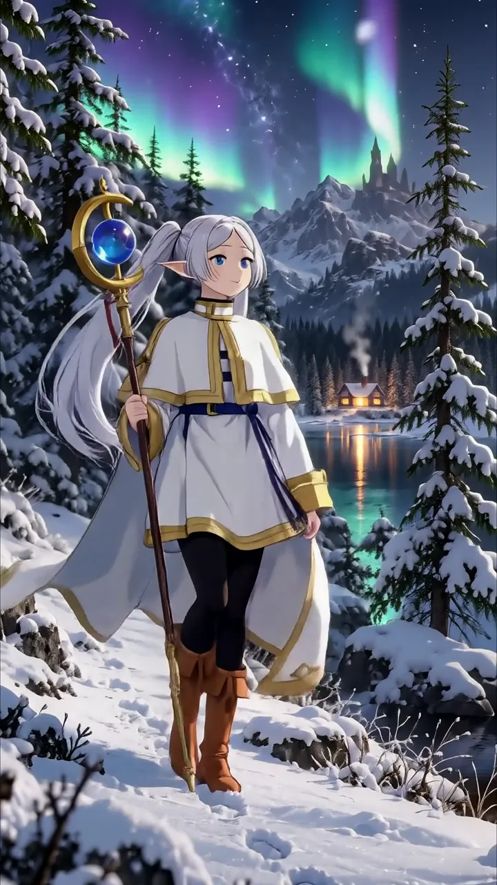 Anime Girl With Moon Staff Walking Through Snowy Aurora Forest