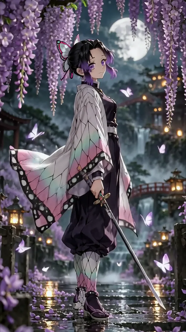 Neon Purple Butterfly Kimono Anime Girl Under Wisteria Moonlight