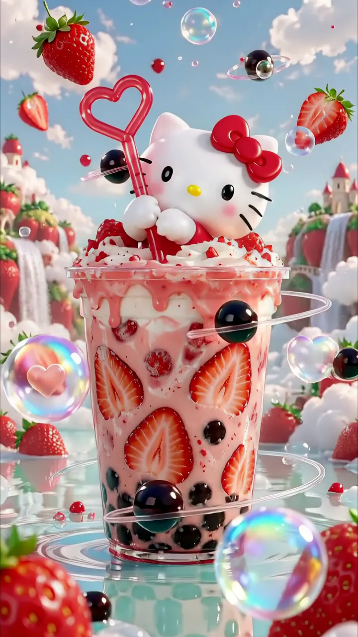 Hello Kitty Strawberry Bubble Tea Fantasy Scene