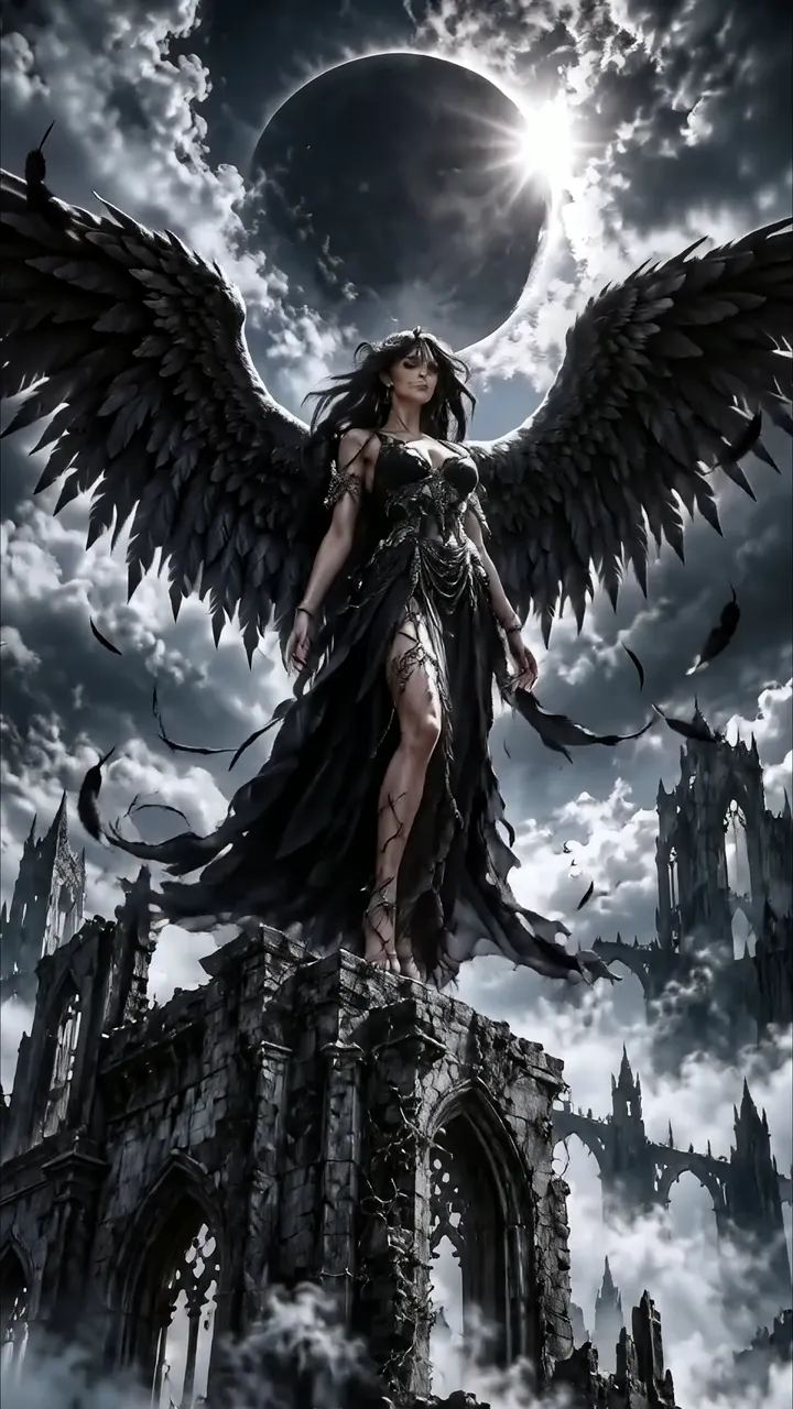 Dark Angel With Black Wings Standing On Ruins