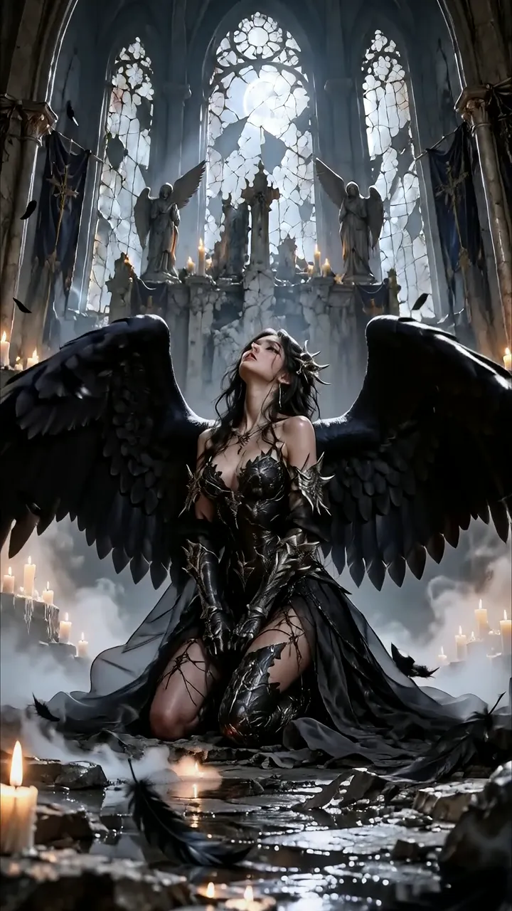 Dark Angel With Black Wings Kneeling In Broken Cathedral