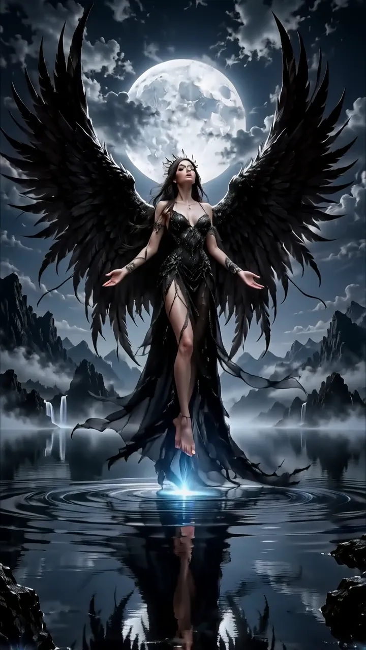 Dark Angel With Black Wings Floating On Moonlit Water