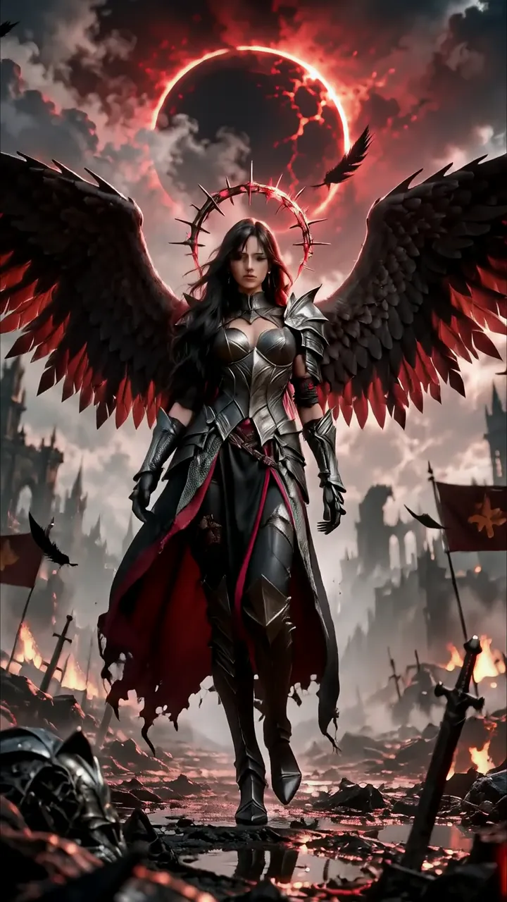 Dark Angel With Crimson Wings And Blood Moon