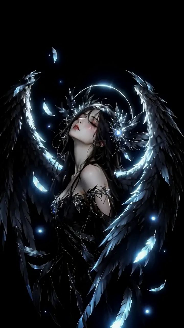Dark Angel With Black Wings And Blue Glow Halo