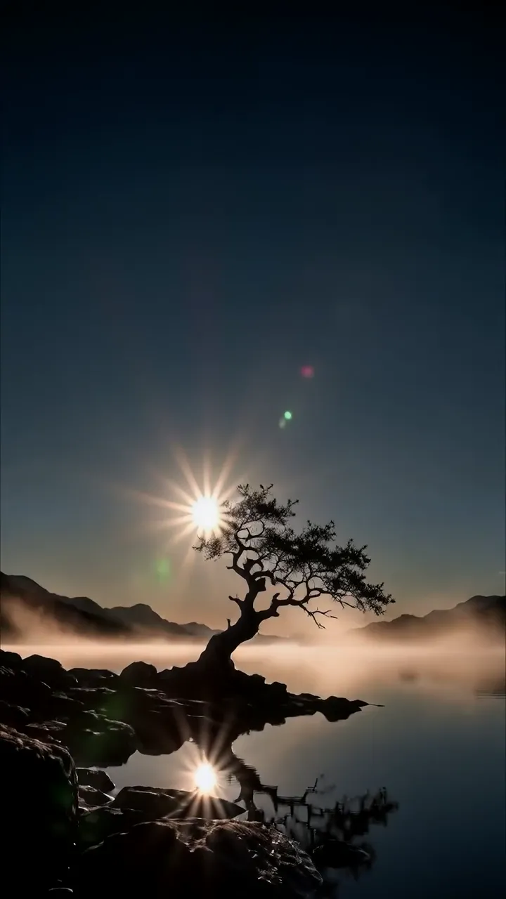 Solitary Tree Silhouette With Sunburst And Misty Lake