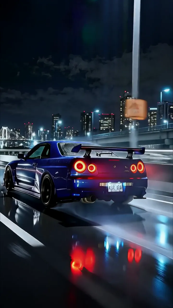 Blue Nissan Skyline R34 Night Drive With Neon City Lights