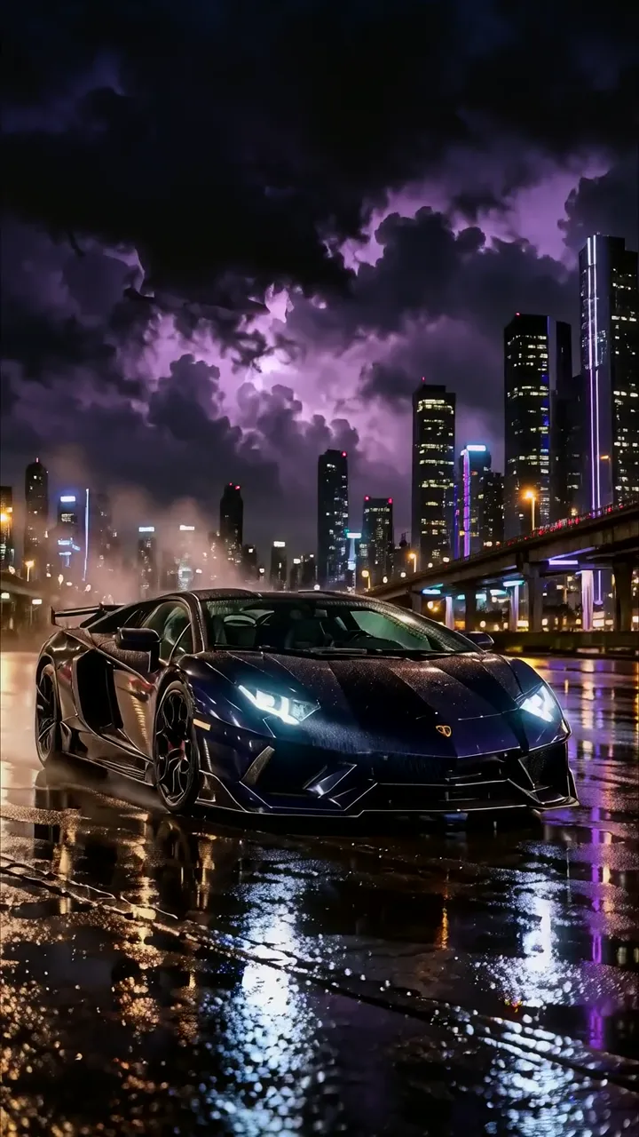 Black Lamborghini Aventador Storm Night City Live Wallpaper