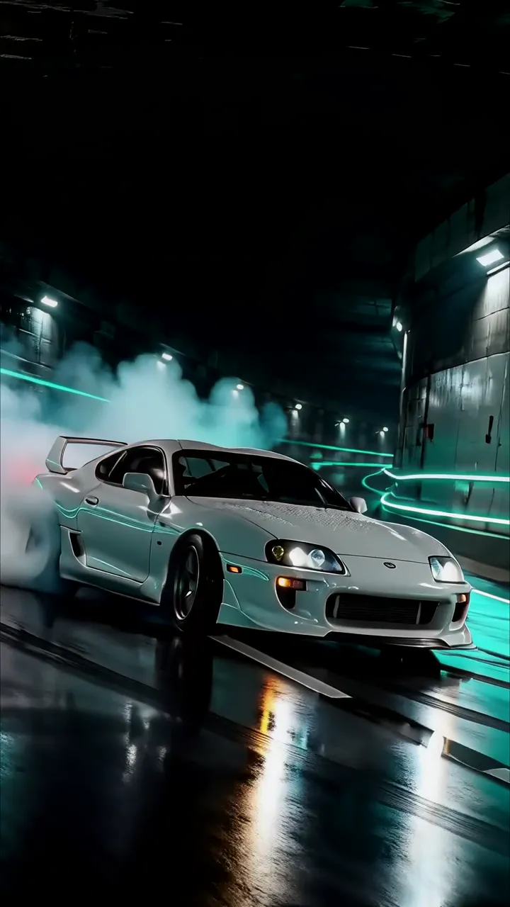 White Toyota Supra Drift With Neon Lights And Smoke