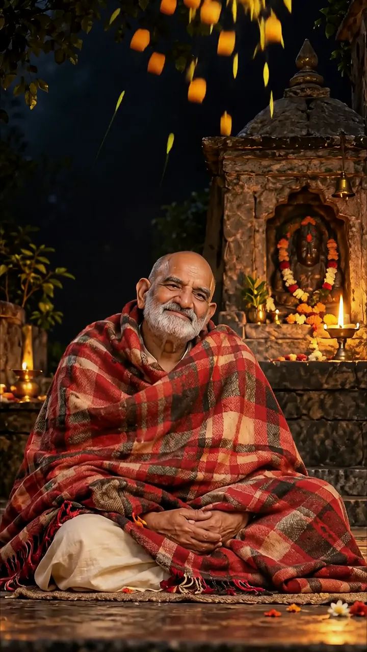 Peaceful Elder Monk In Red Plaid Shawl At Temple Night