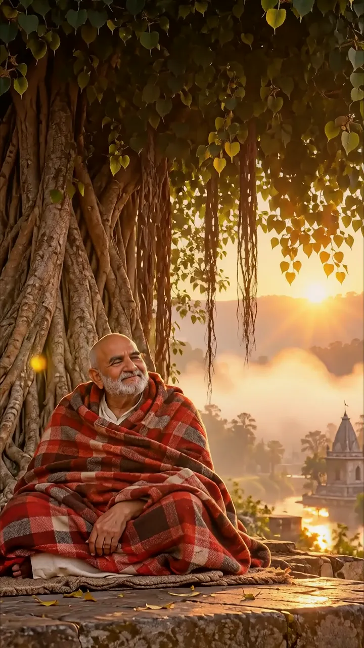 Peaceful Elder Sage Meditating Under Sacred Banyan Tree At Sunrise