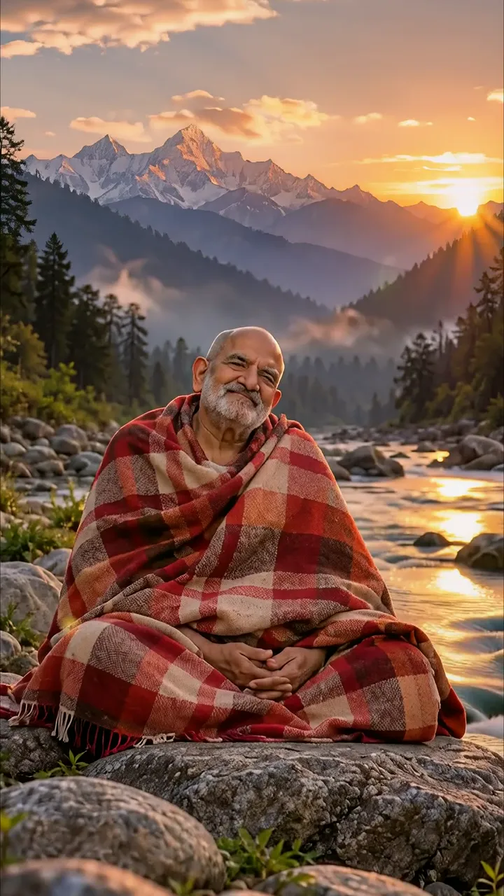 Peaceful Elder Meditation By Mountain River At Sunset