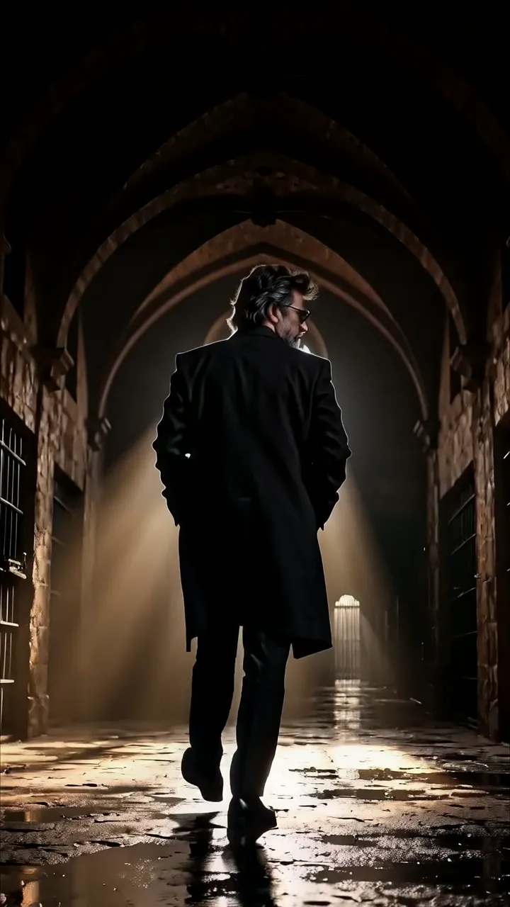 Mysterious Man In Black Coat Walking Through Gothic Hallway
