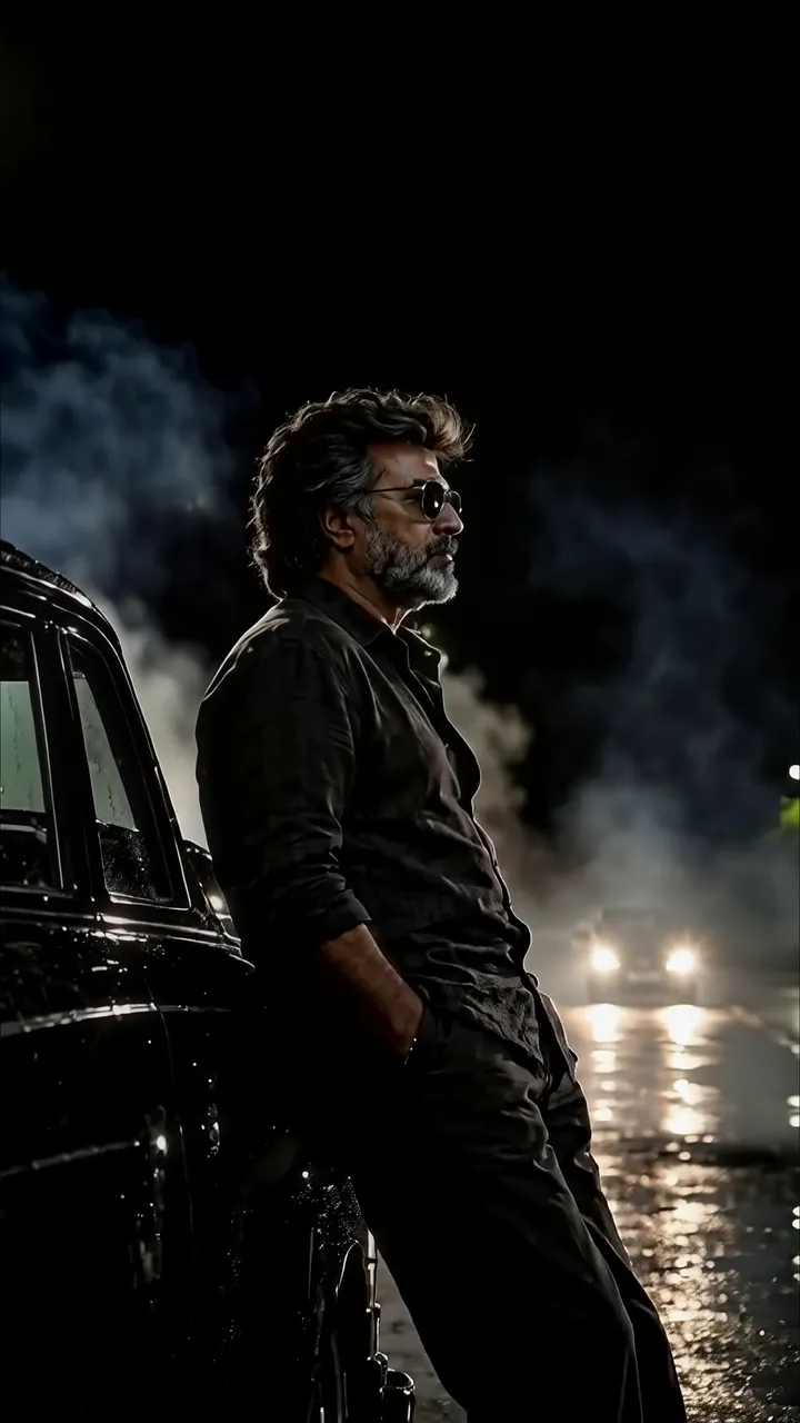 Rajinikanth Rainy Night With Classic Car Silhouette