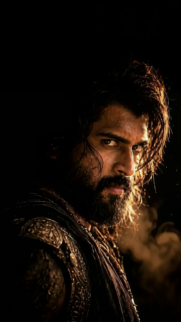 Prabhas Intense Warrior With Golden Armor And Fiery Glow
