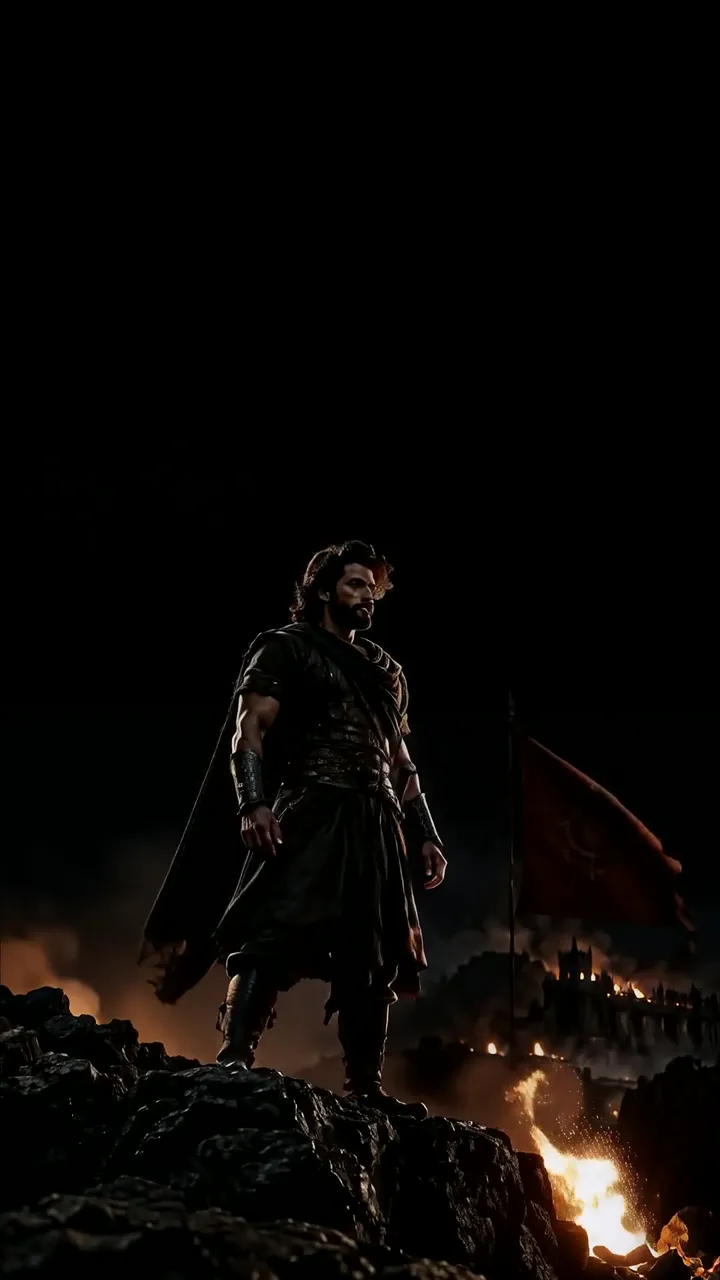 Prabhas As Baahubali Warrior Standing On Rocky Cliff With Burning Castle
