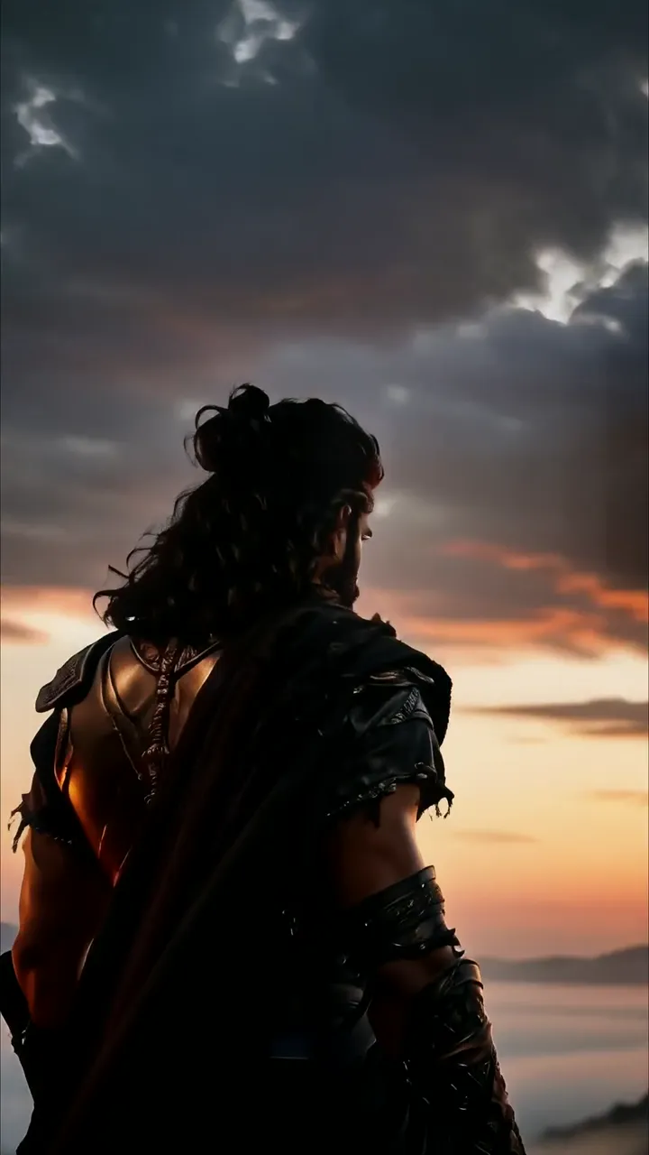 Silhouette Of Warrior With Long Hair Against Sunset Sky
