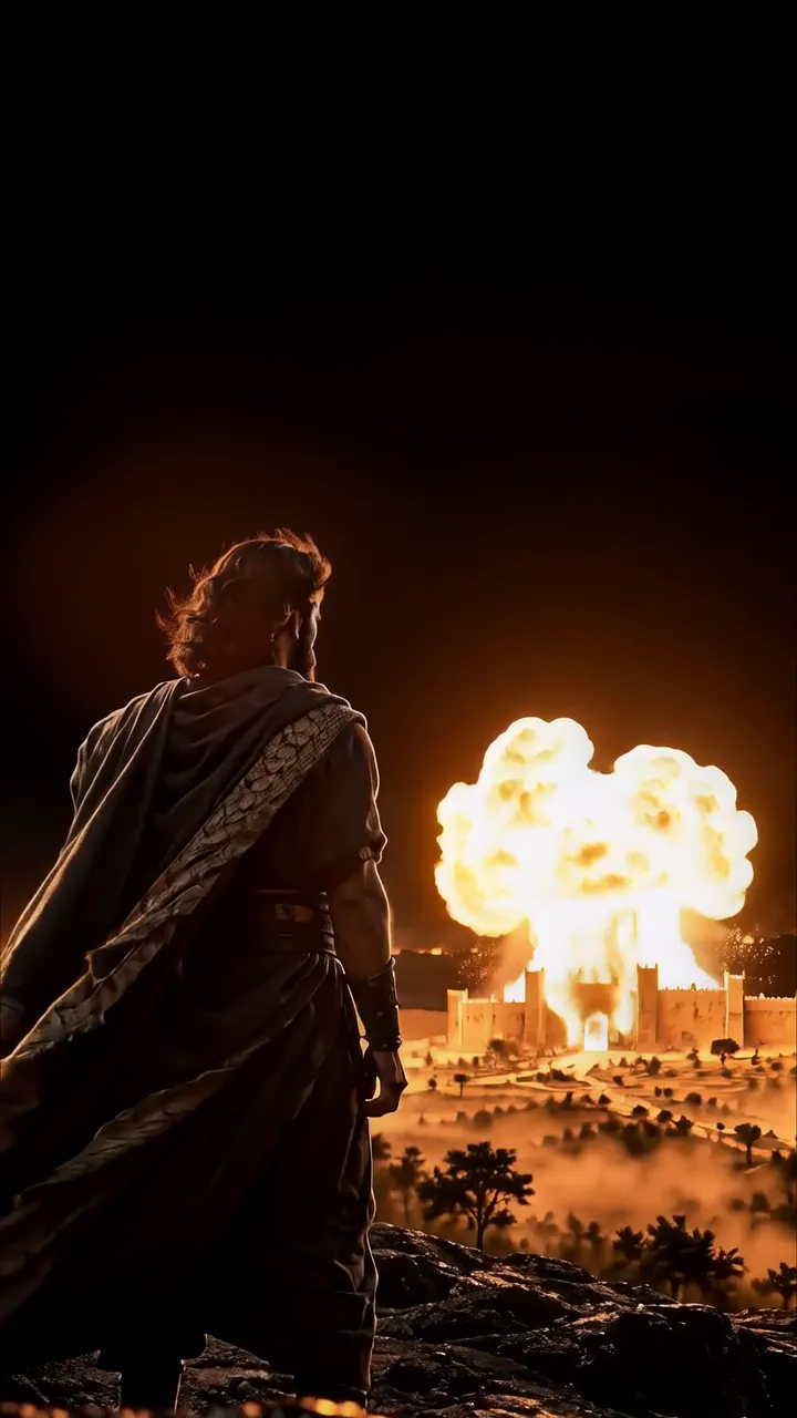 Man Watching Castle Explosion At Night With Fiery Blast