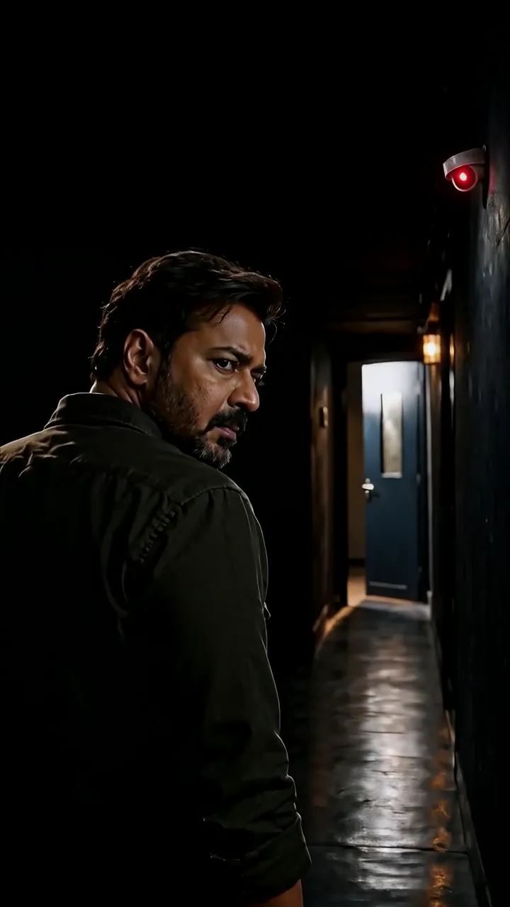 Intense Man In Dark Corridor With Red Security Camera