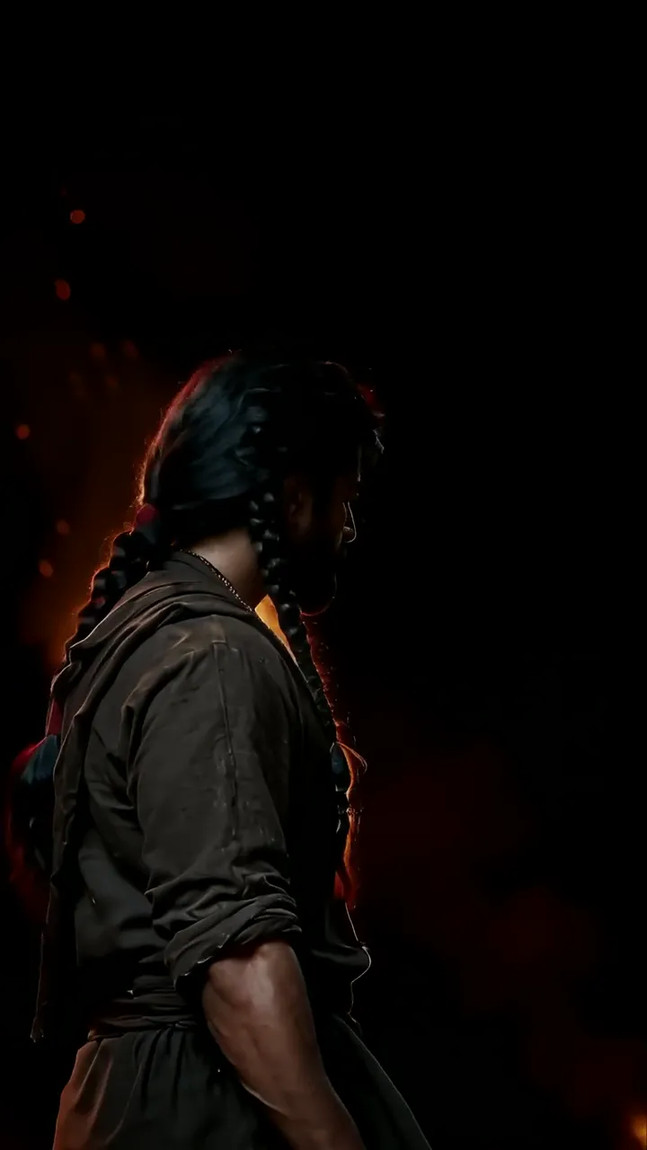 Prabhas Dark Silhouette With Braided Hair And Fiery Glow