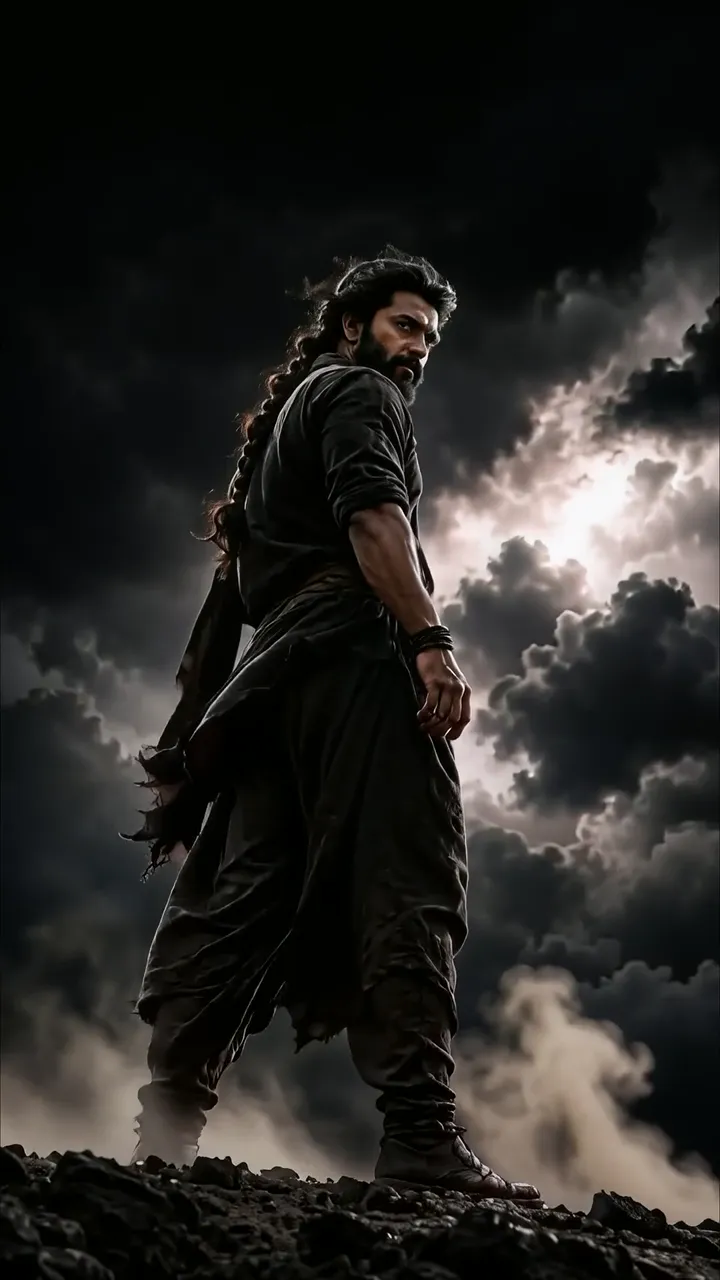 Prabhas As Warrior In Dark Stormy Sky With Braided Hair