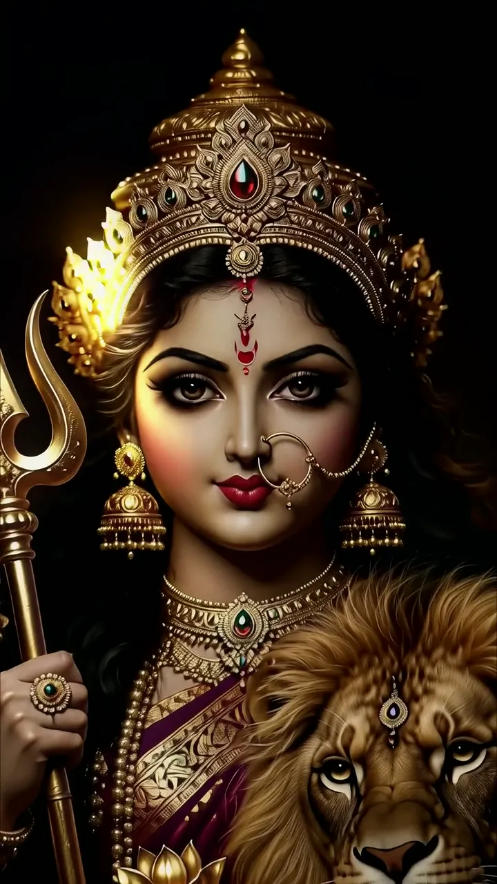 Durga Devi With Lion And Trishul Golden Aura