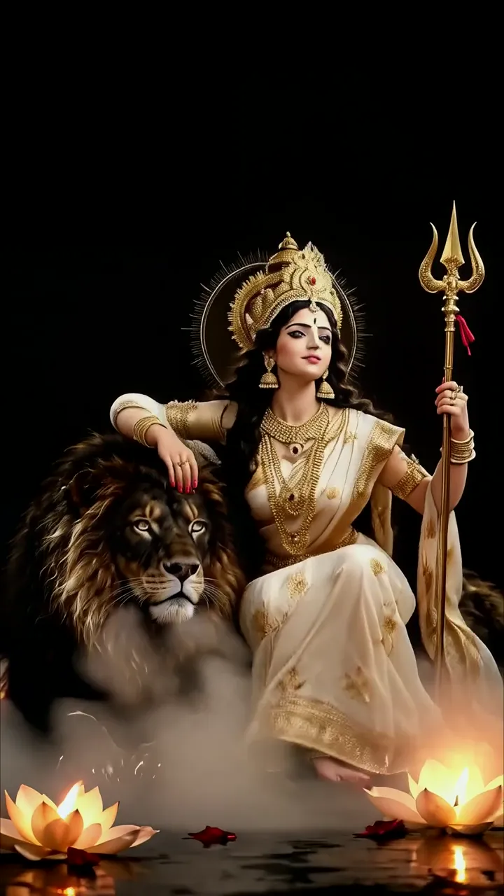 Goddess Durga With Lion And Trishul Sacred Devotional Scene