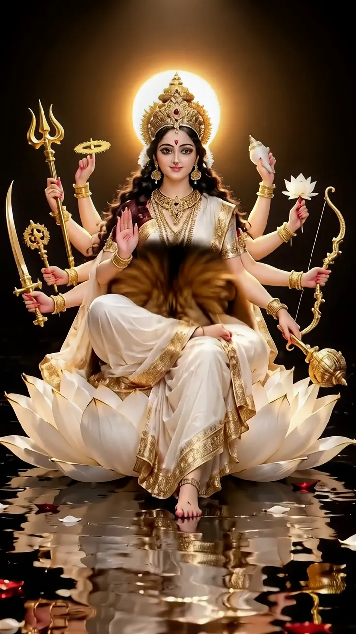 Durga Devi With Trishul And Lotus Throne Divine Aura