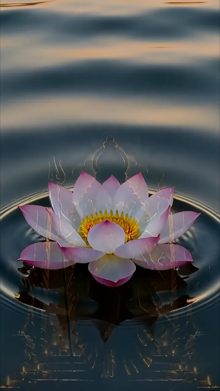 Pink Lotus Flower Floating On Water With Temple Reflection