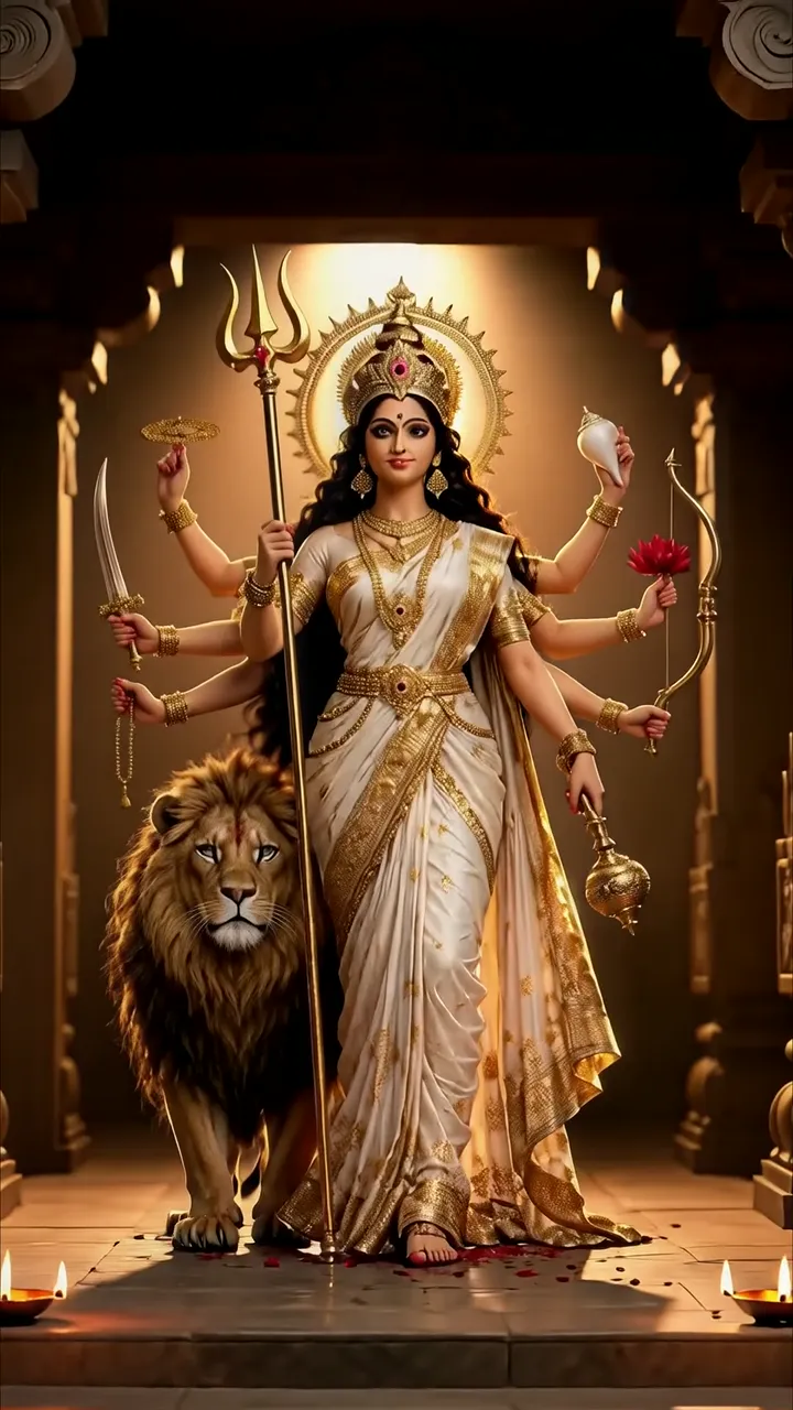 Durga Devi With Lion And Divine Weapons Temple Scene