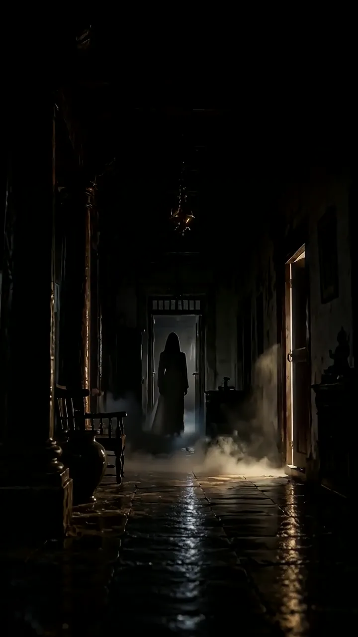 Ghostly Figure In Haunted Hallway With Fog And Dim Lighting