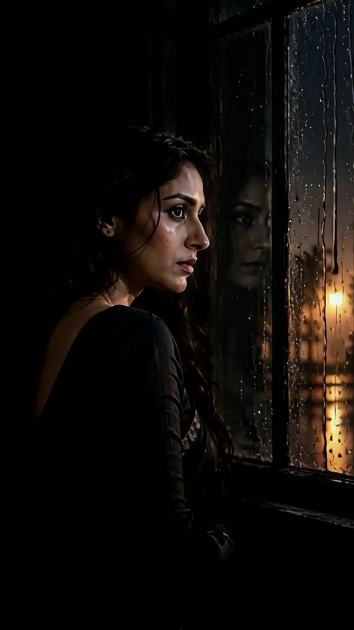 Mysterious Woman Gazing Out Rain-Splashed Window At Night