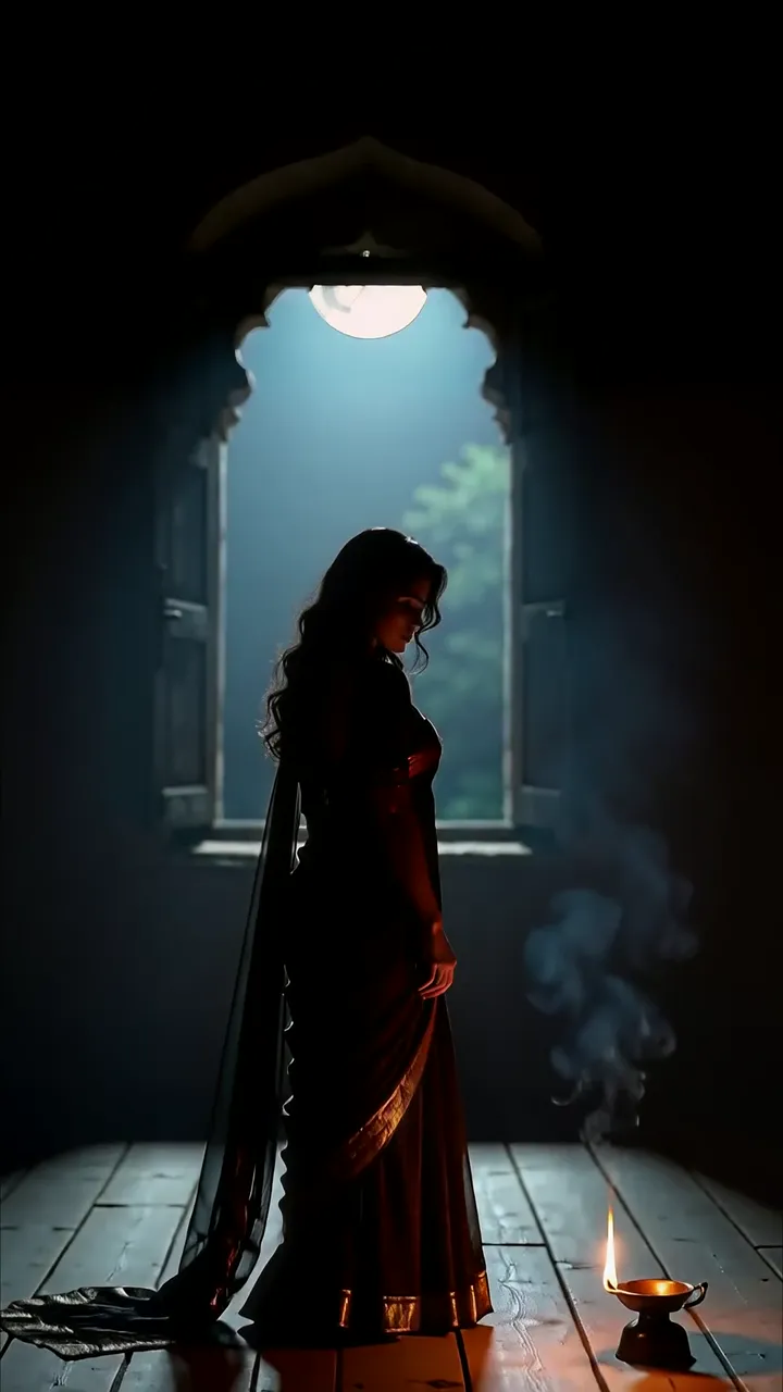 Silhouette Of Devotee In Temple With Moonlight And Incense