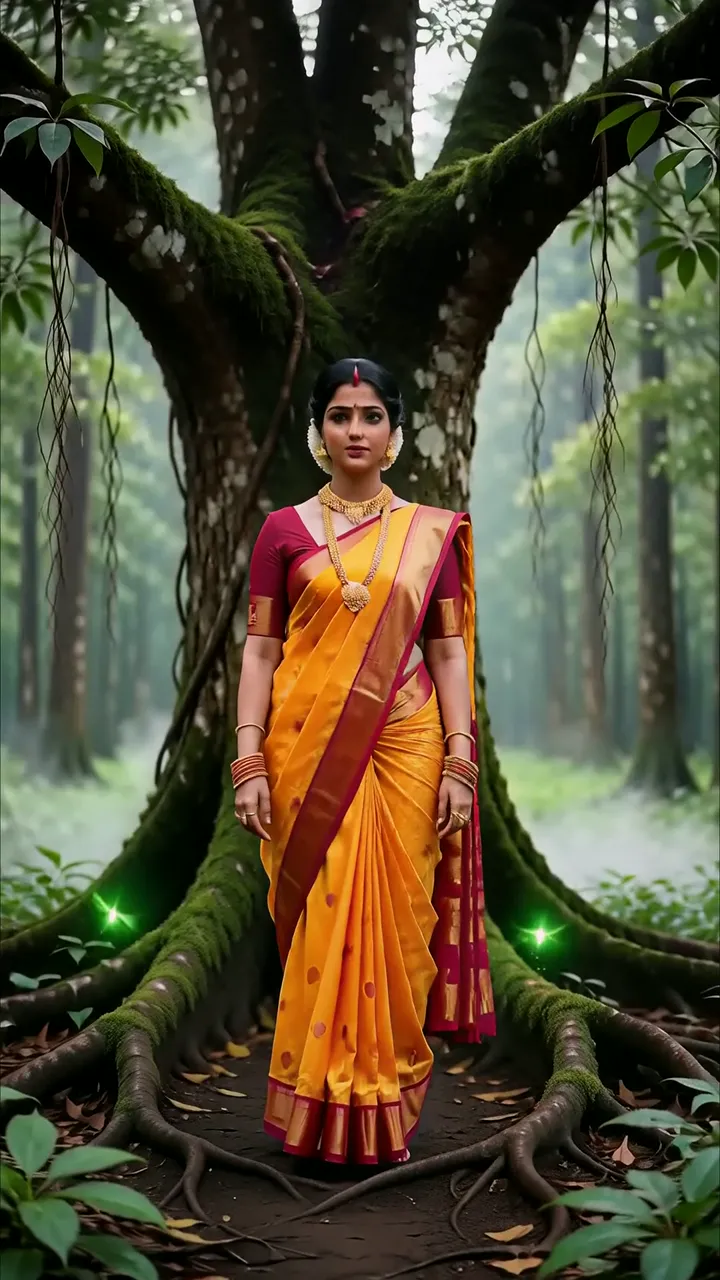 Goddess Durga In Sacred Forest With Glowing Roots