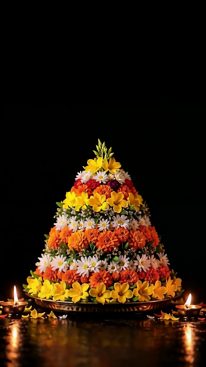 Vibrant Flower Pyramid Puja With Diya Candles And Golden Plate