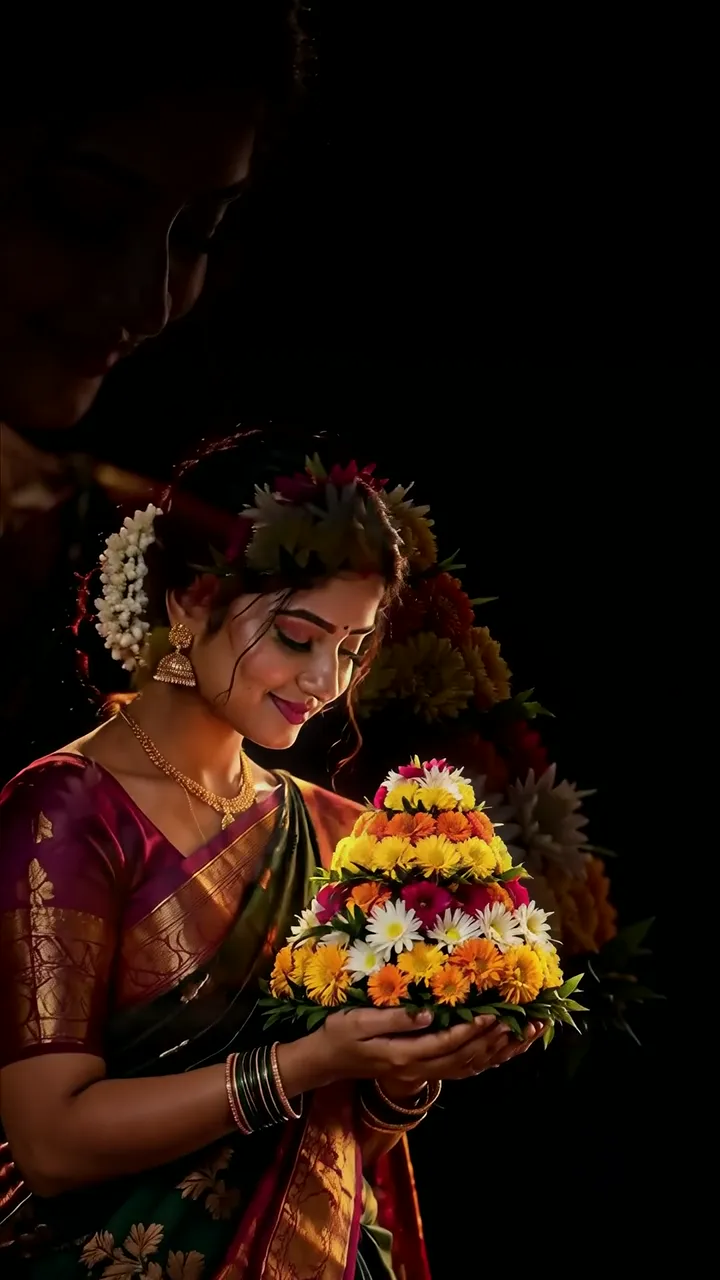 Devotional Woman In Saree Holding Flower Offering With Golden Jewelry