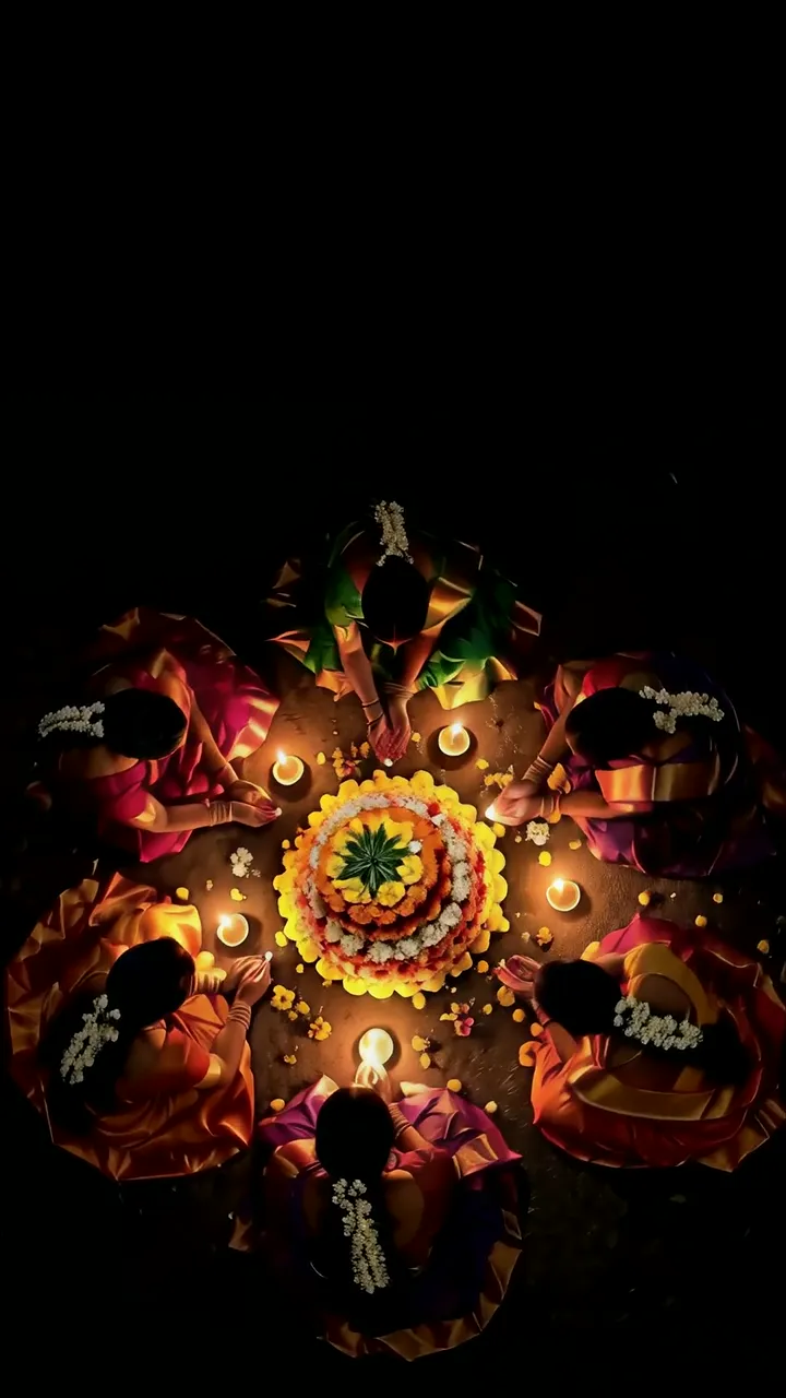 Five Women Performing Diwali Rangoli With Oil Lamps And Flower Circle
