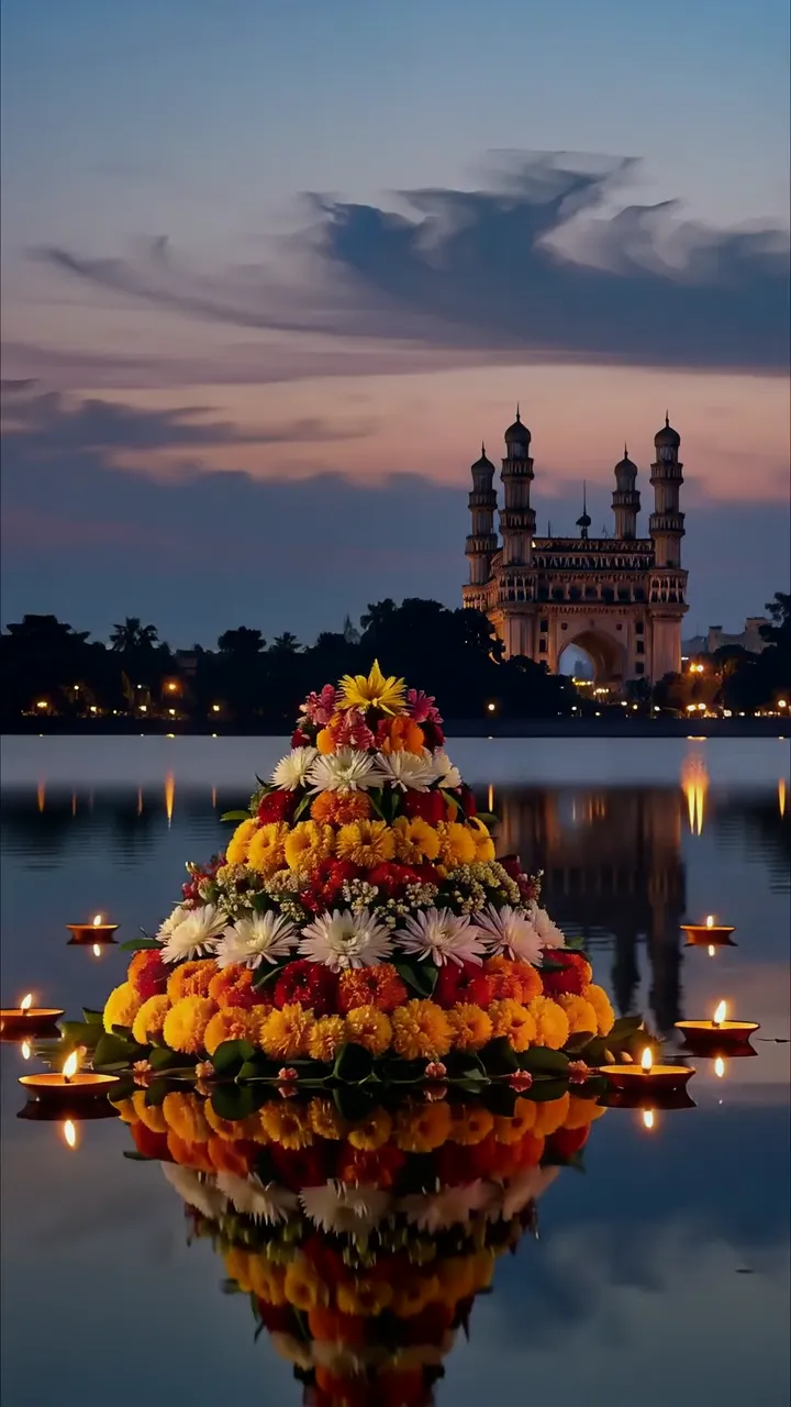 Glorious Charminar Flower Float With Floating Candles And Sunset Reflection