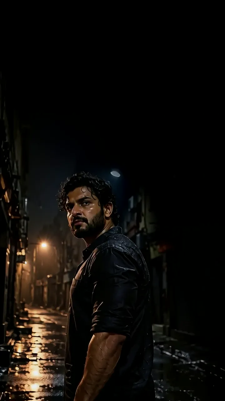 Intense Rainy Night Street Scene With Muscular Man