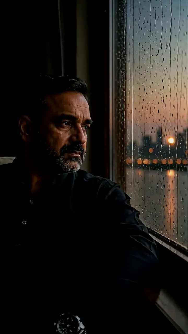 Mature Man With Beard Gazing At Rainy Cityscape Through Window