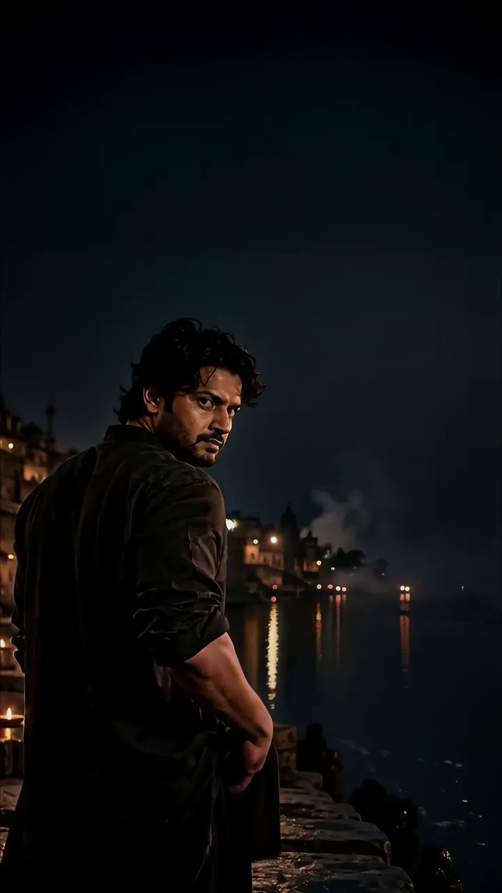 Intense Man Staring Back At Night Riverbank Scene