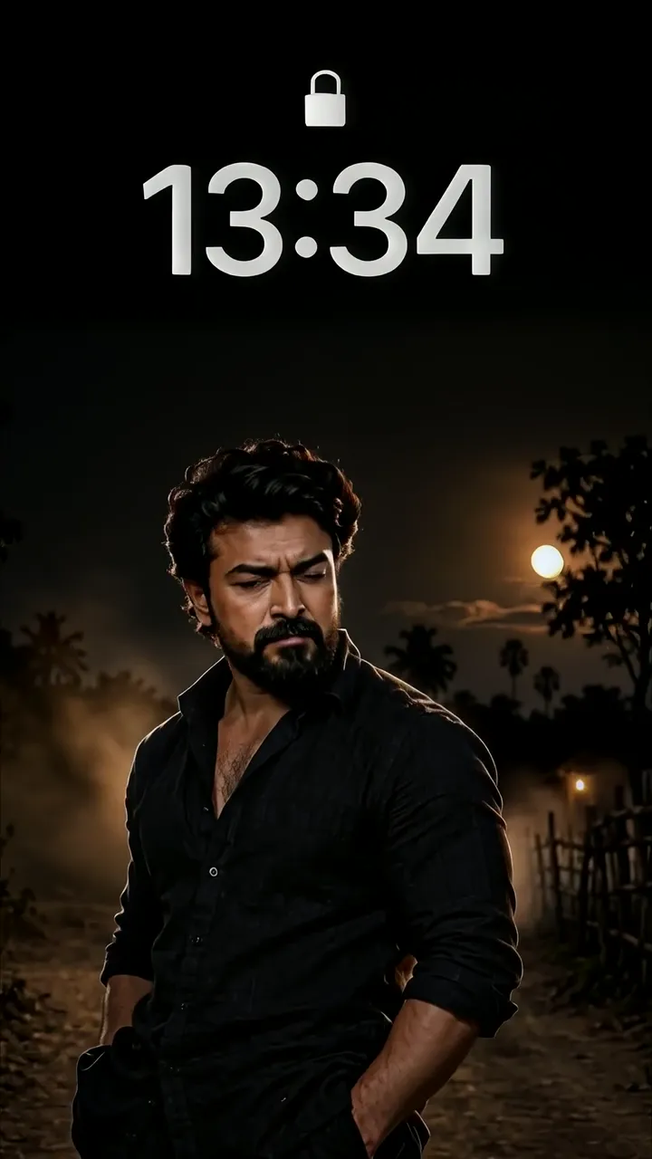 Intense Actor With Moonlit Night And Palm Trees