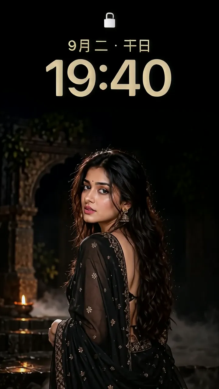 Elegant Indian Woman In Black Saree With Temple Backdrop