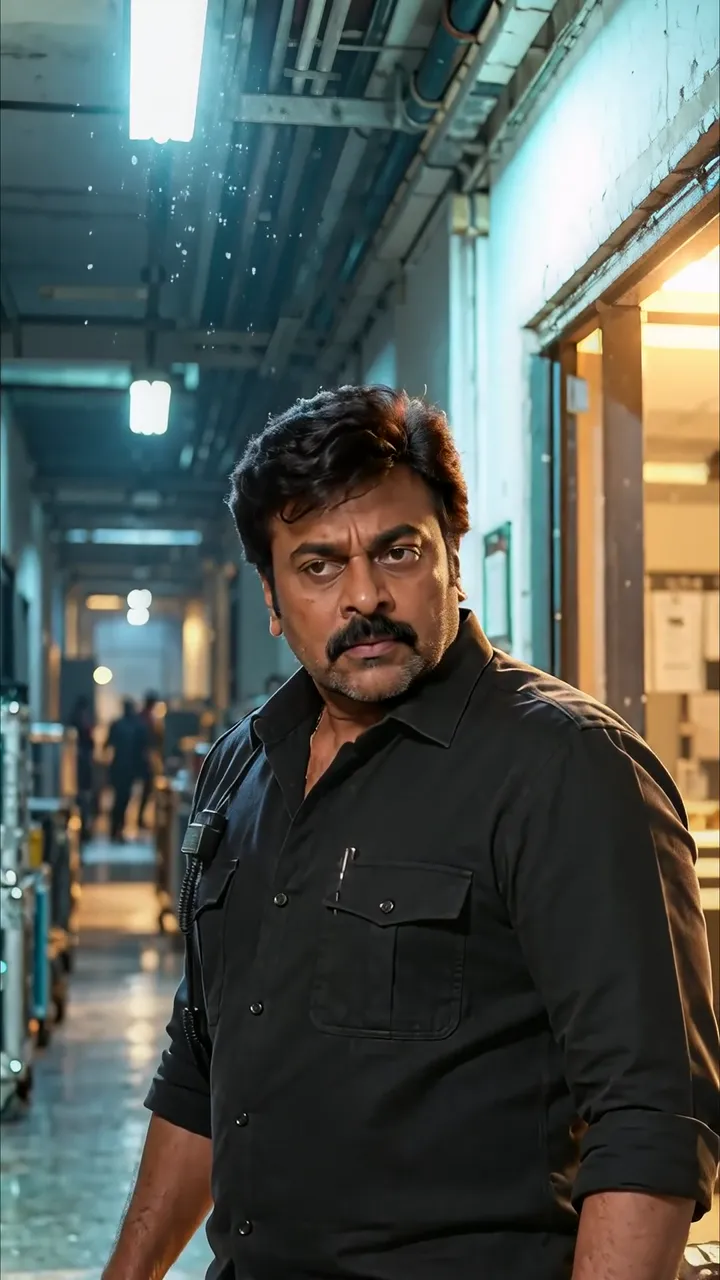 Vikram Serious Look In Industrial Corridor With Neon Lighting
