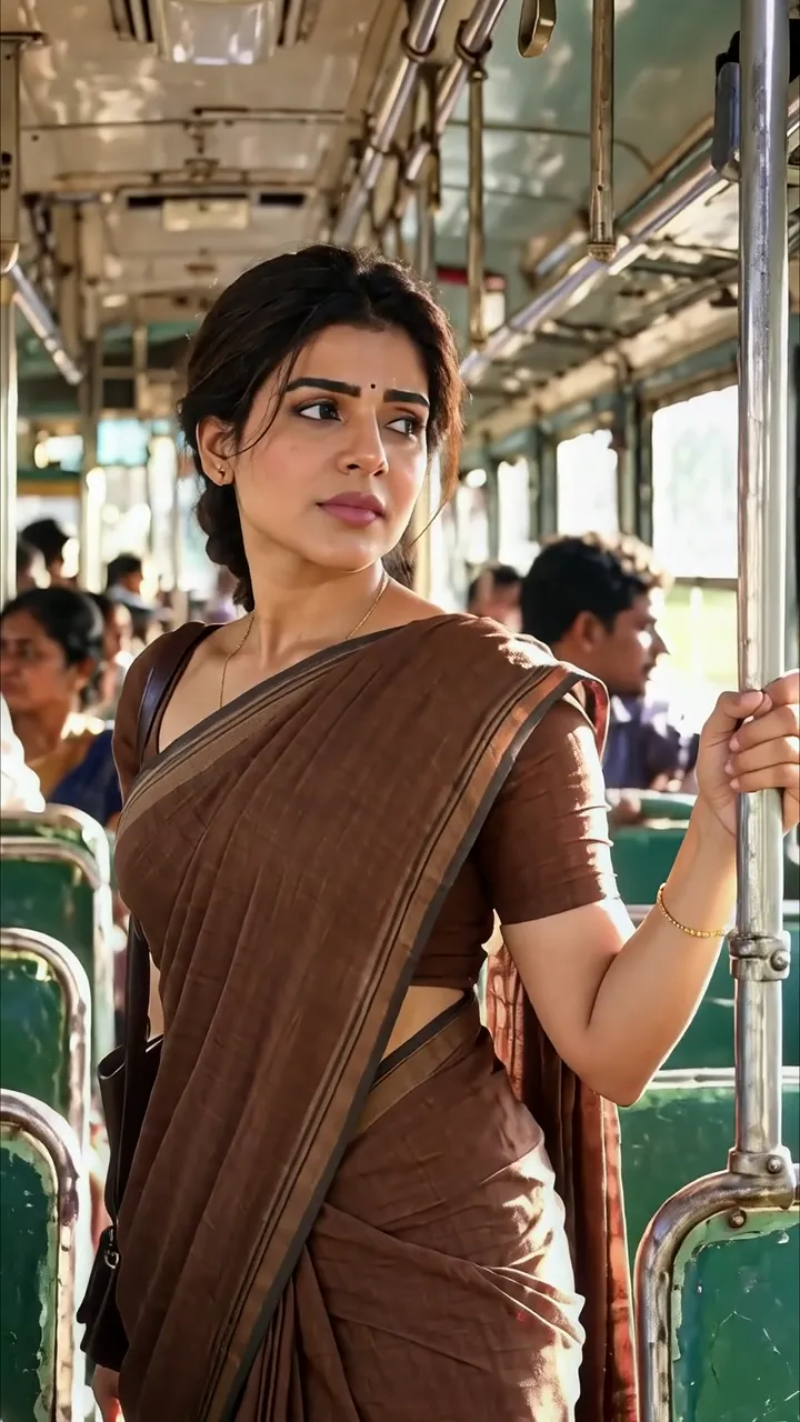 Samriddhi Singh Elegant Brown Saree On Vintage Bus Ride